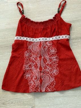 HeartSoul Y2K Boho Embroidered Spaghetti Strap Top Rust Orange Floral